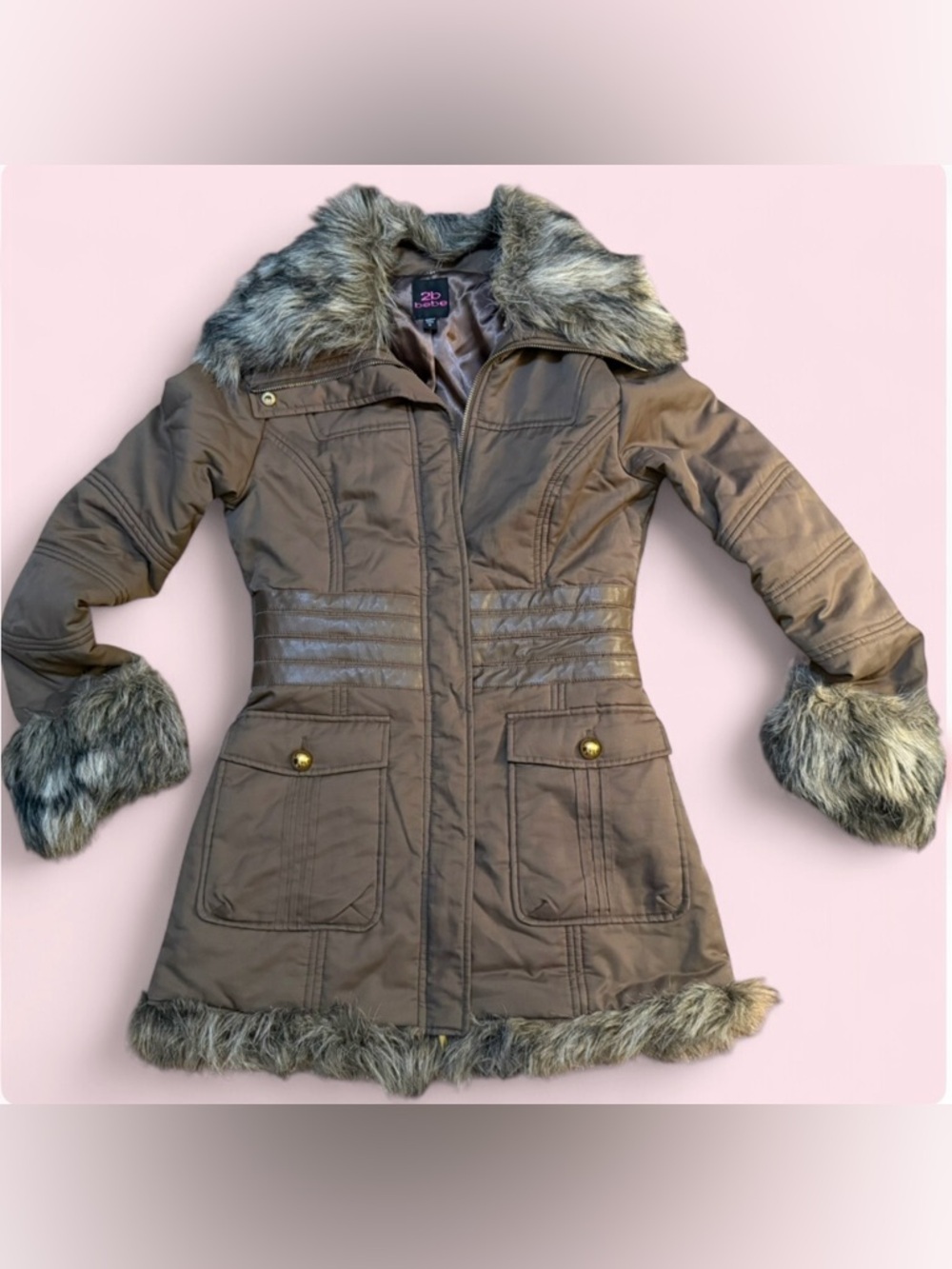 Women's Tan Parka with Faux Fur Trim
